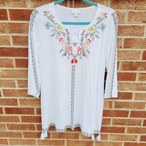 J. Jill Peasant Tunic Flowy Top Women's Size Small Embroidered Flowers Boho